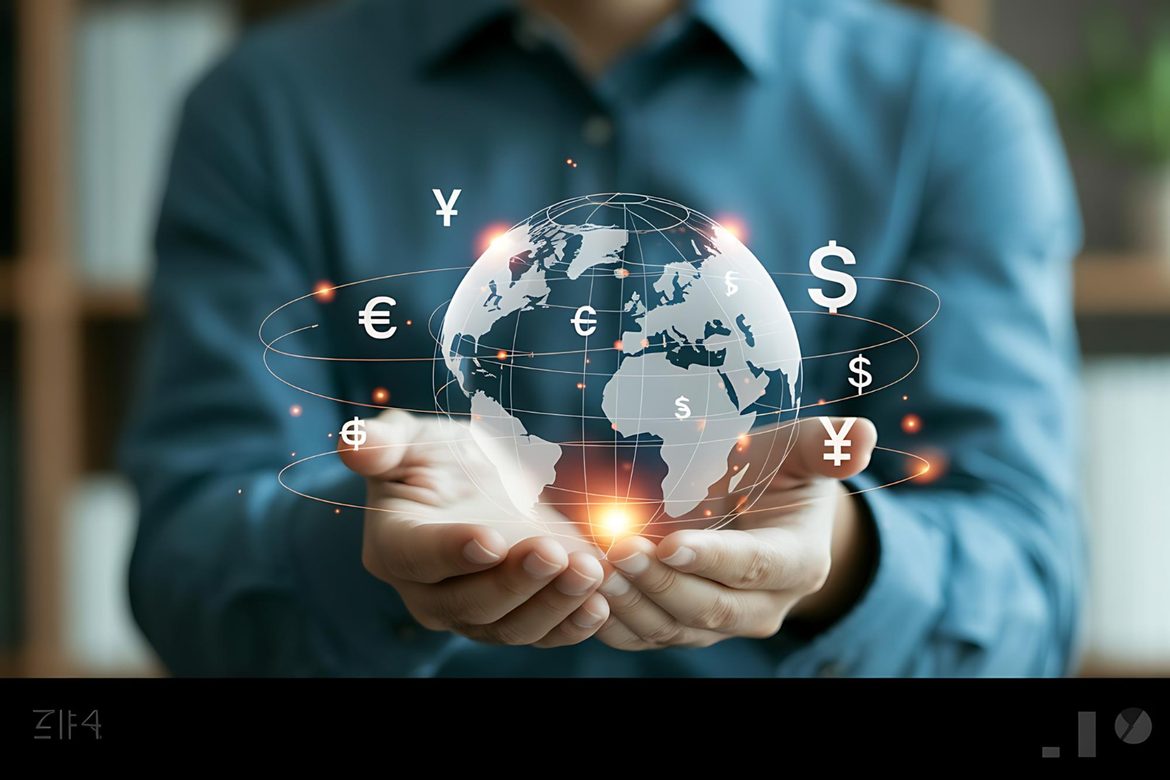 Shoulder-to-waist shot of a man in a dress shirt with open hands holding a digital image of a superimposed globe surrounded by world currency symbols.